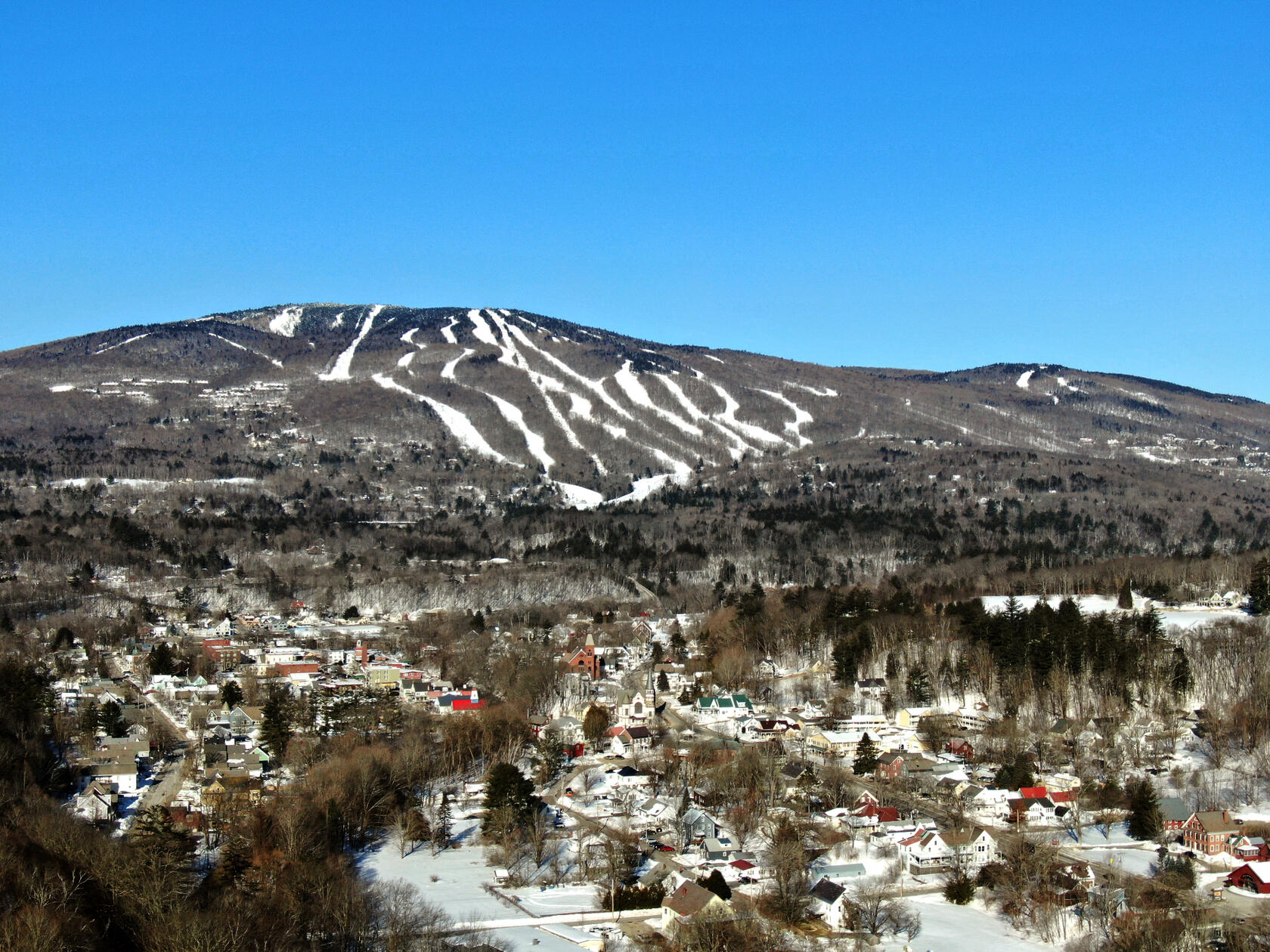 Okemo by Drone in Snow over Ludlow